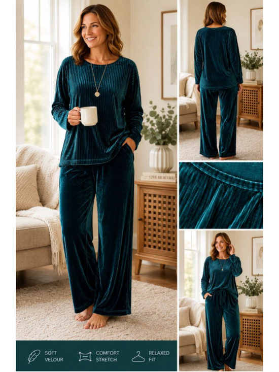 Draper’s & Damon’s Pants - Draper’s & Damon’s Petite XL Teal Velour Lounge Set 2PC Ribbed Top Wide Leg Pant